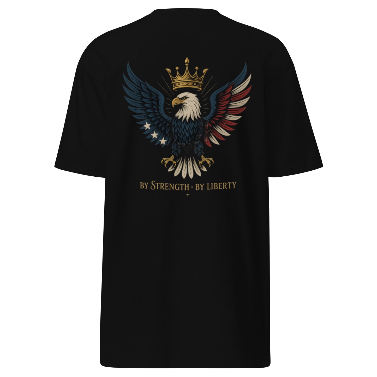 Men’s black t-shirt with a crowned American eagle and “By Strength · By Liberty” text – Fourth of July patriotic design