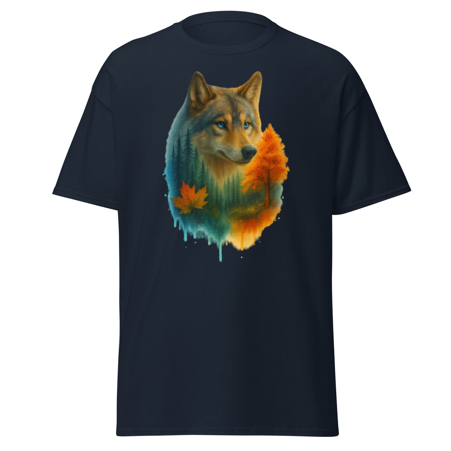 Unisex cotton t-shirt featuring a wolf surrounded by forest and autumn leaves, symbolizing leadership and seasonal strength