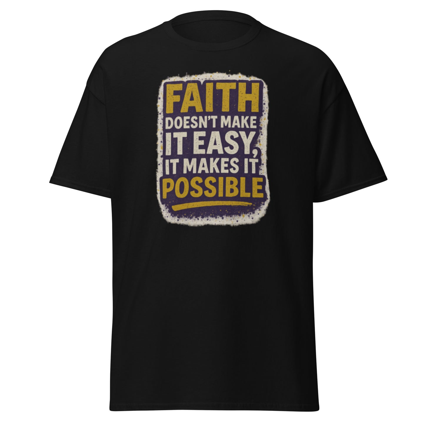 Black Christian men’s t-shirt with gold and white “Faith Makes It Possible” message