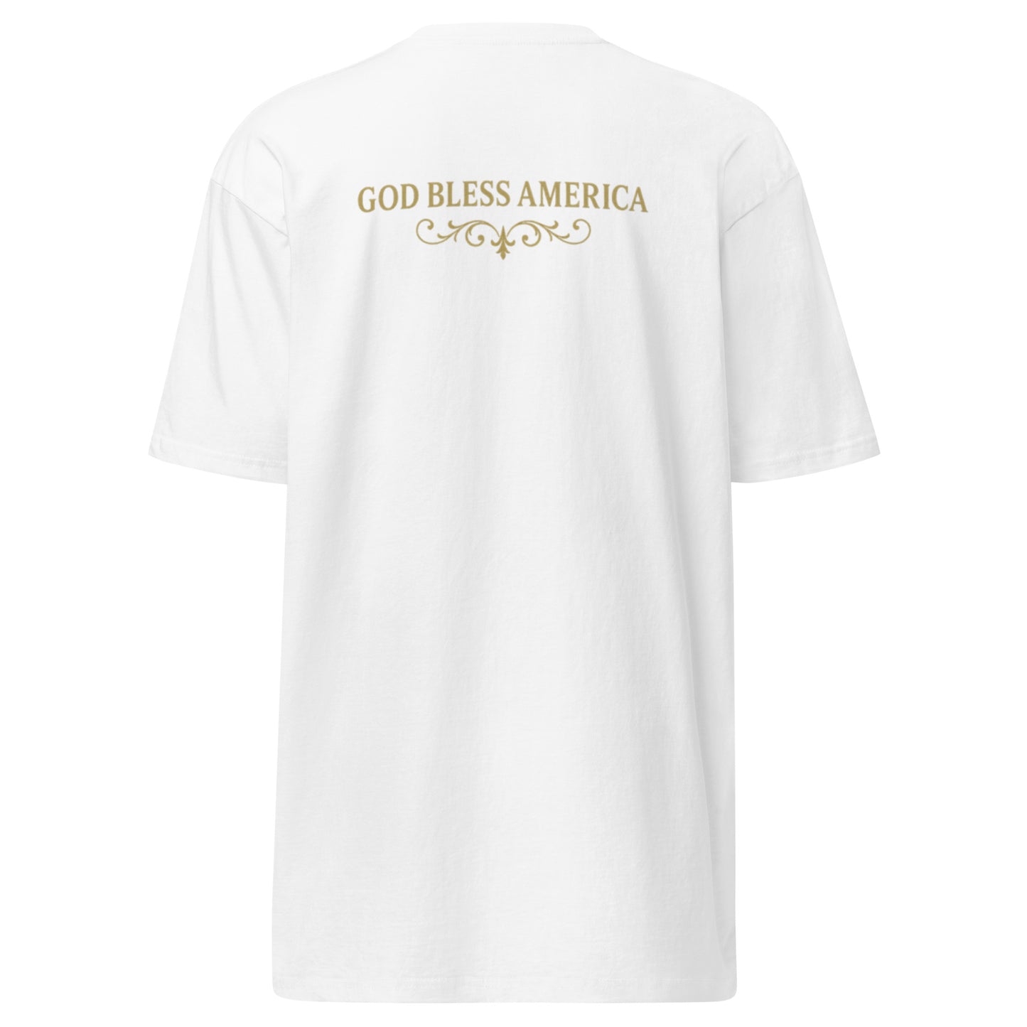 Men’s white t-shirt with “God Bless America” in gold text on the back – simple patriotic message