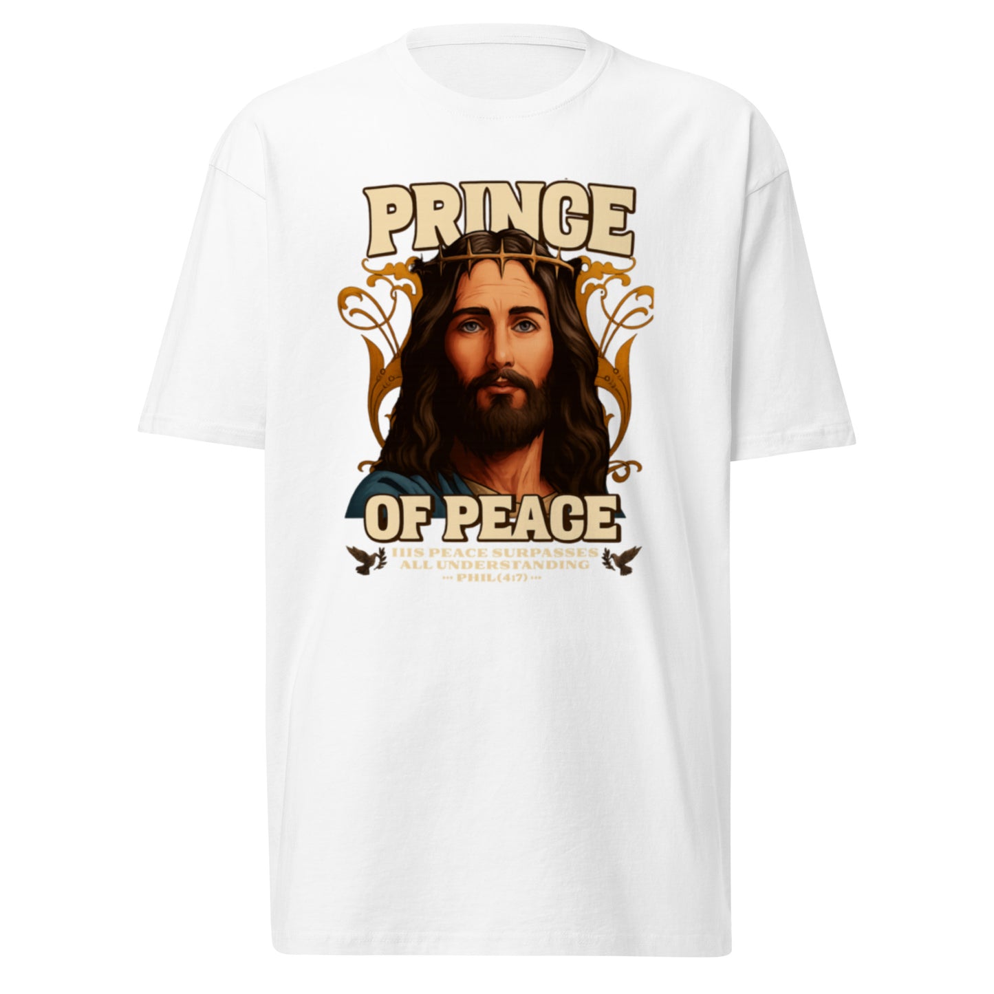 Men’s Christian t-shirt with bold Jesus illustration and “Prince of Peace” text