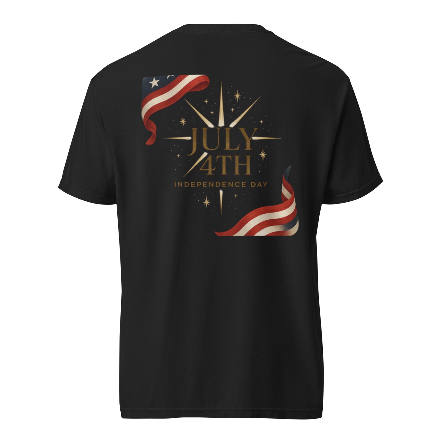 Black t-shirt featuring July 4th Independence Day graphic with stars and American flag ribbon – classic USA men’s tee
