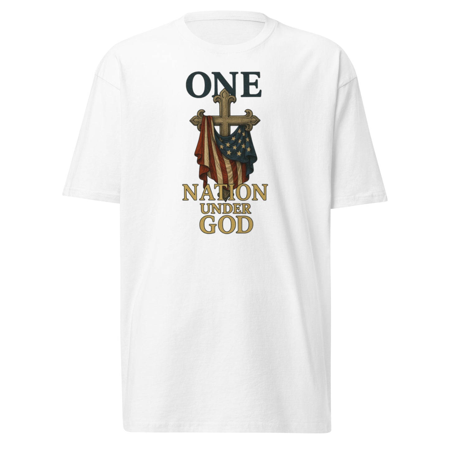 Men’s white t-shirt with a cross draped in American flag and “One Nation Under God” text – Christian patriotic design
