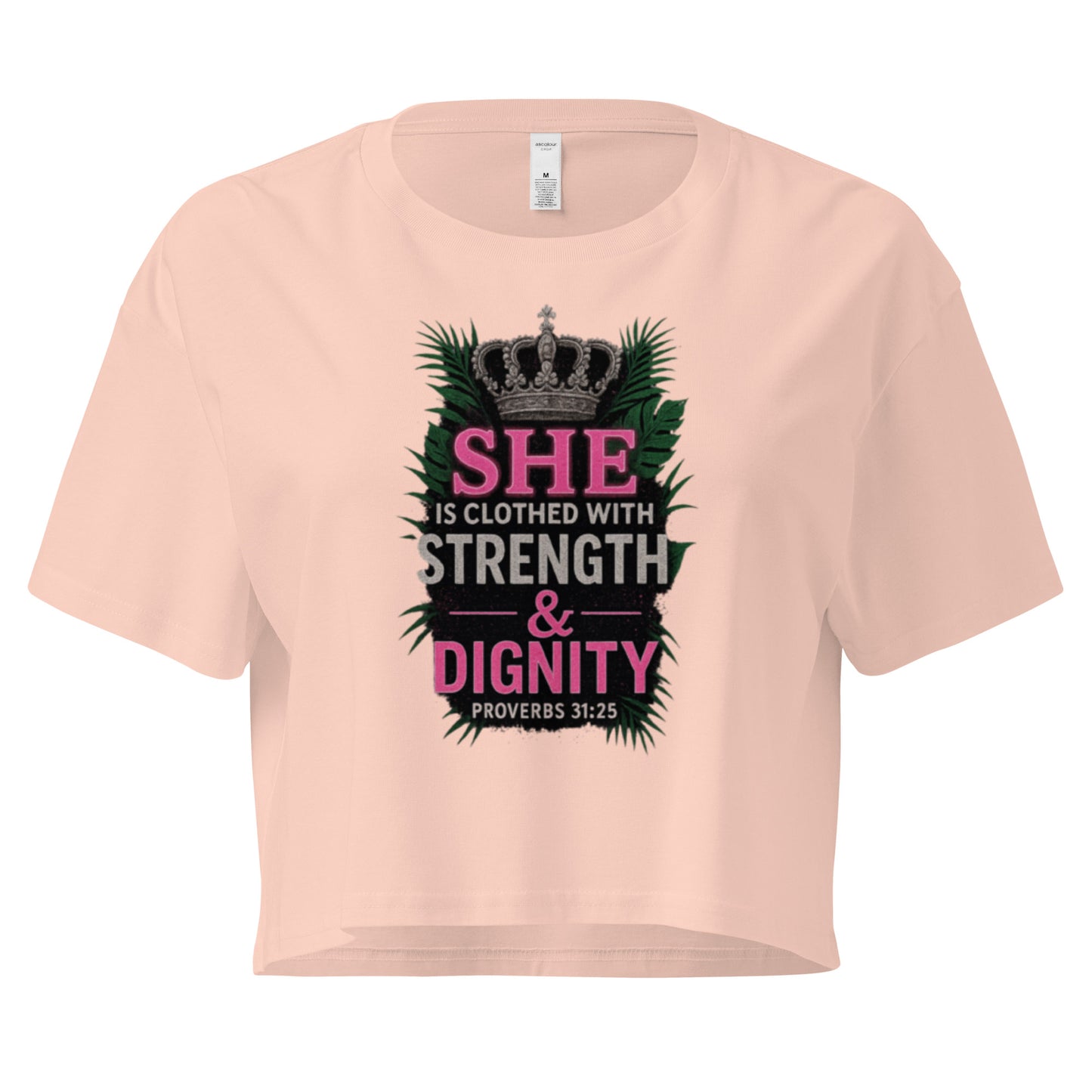 Faith-based women's crop top with “Strength & Dignity” quote inspired by Proverbs 31:25