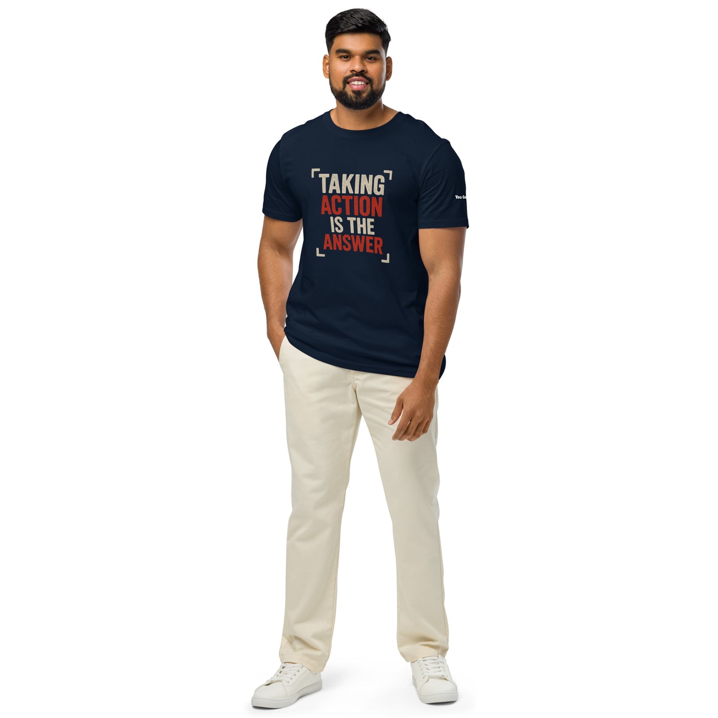 Men’s navy organic t-shirt with bold “Taking Action Is the Answer” motivational quote design