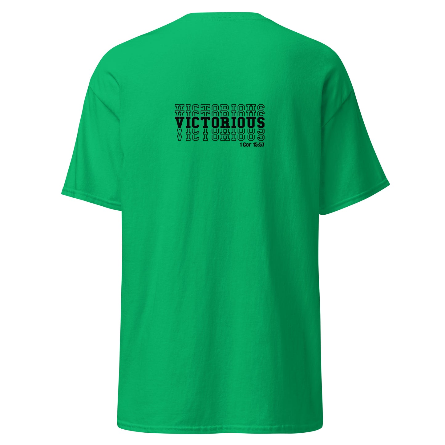 Back of green Christian t-shirt with “Victorious” and 1 Corinthians 15:57 Bible verse