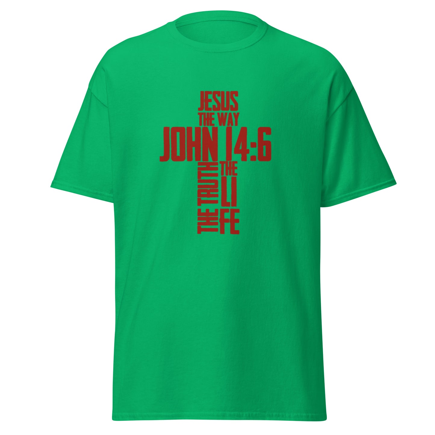 Green Christian T-shirt with John 14:6 in red cross design