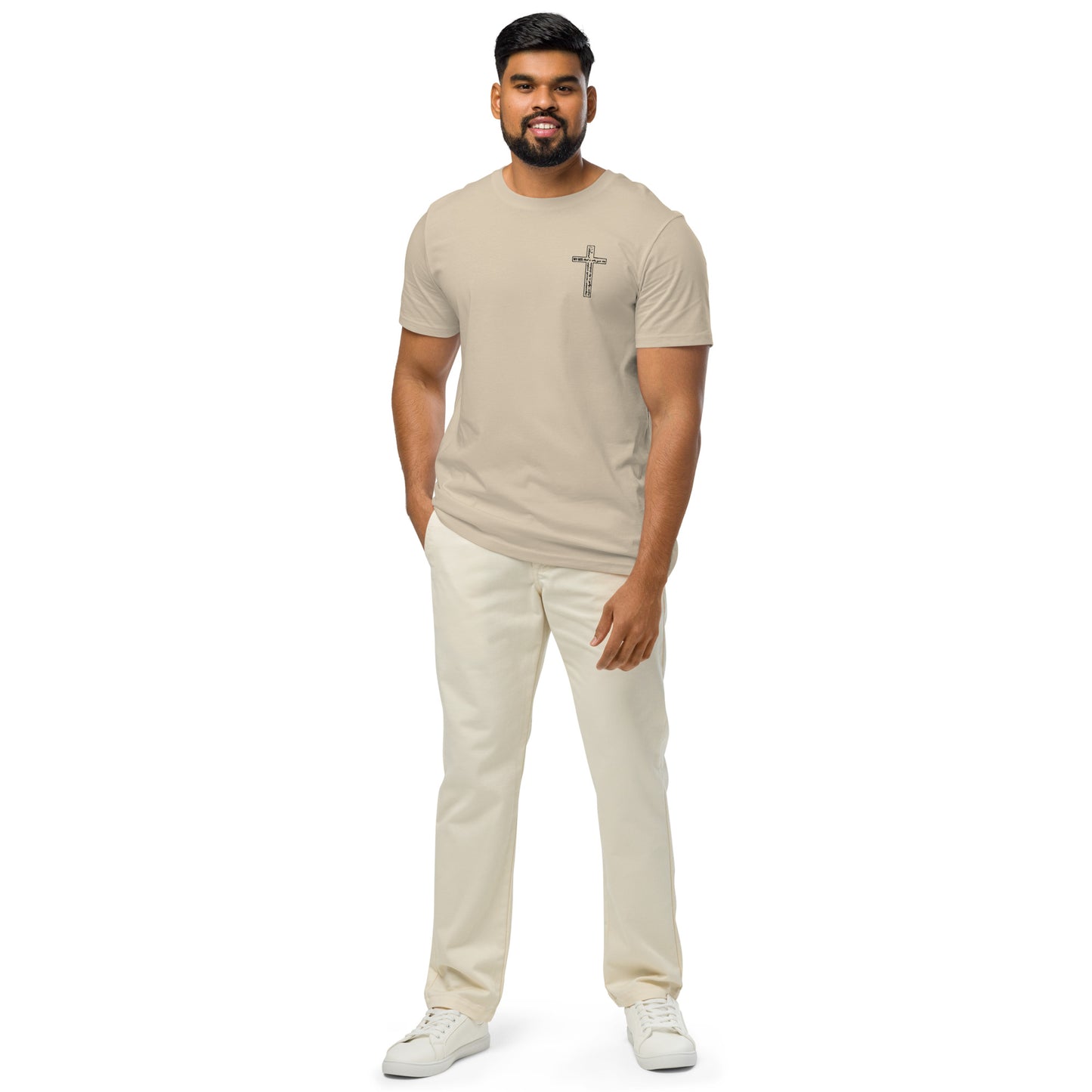 Men’s organic cotton t-shirt with flat embroidered words “Waymaker, Miracle Worker, Promise Keeper” on the front