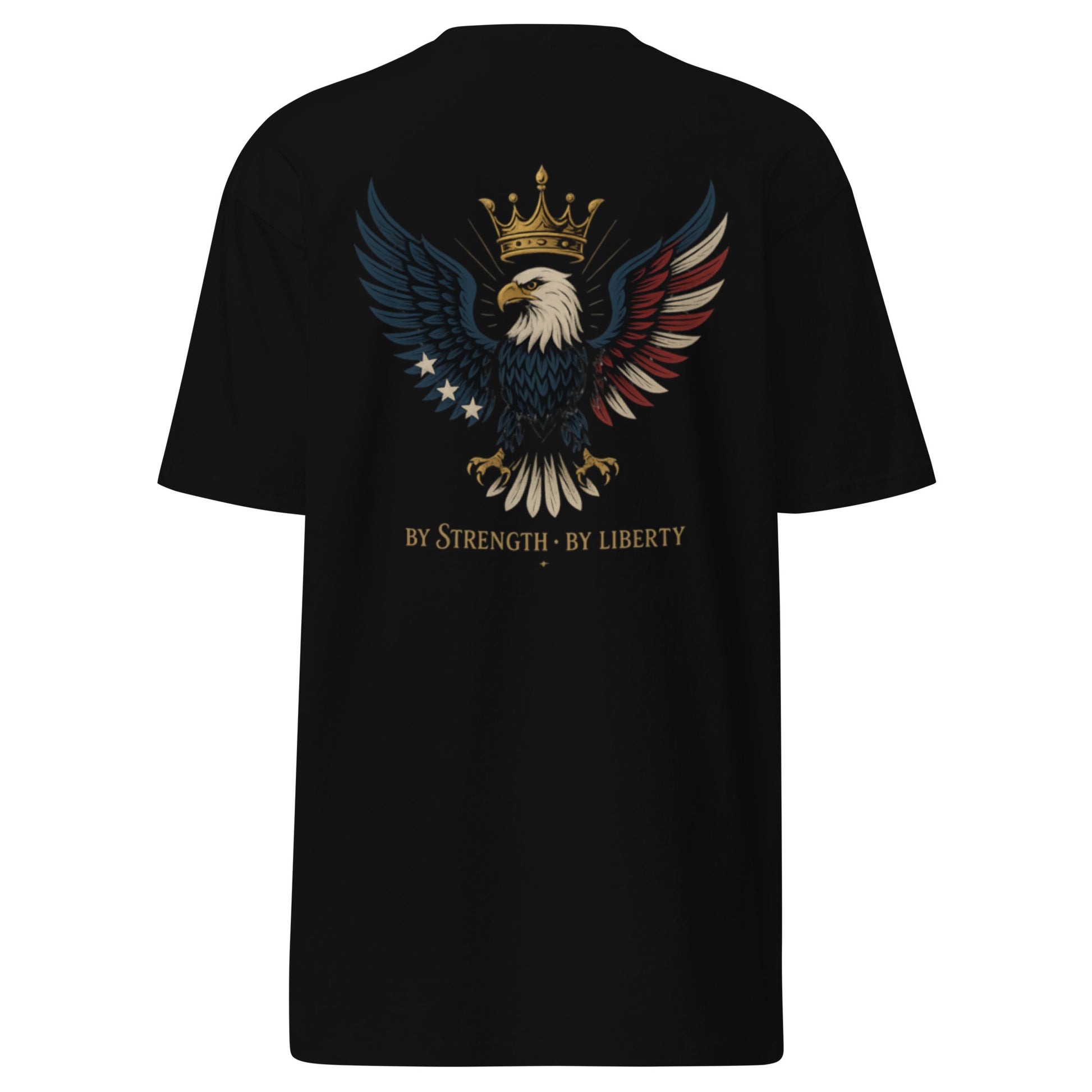 Men’s black t-shirt with a crowned American eagle and “By Strength · By Liberty” text – Fourth of July patriotic design