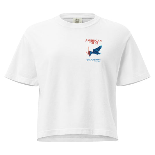 Boxy white t-shirt with “American Pulse” eagle and heartbeat graphic – women’s Fourth of July design