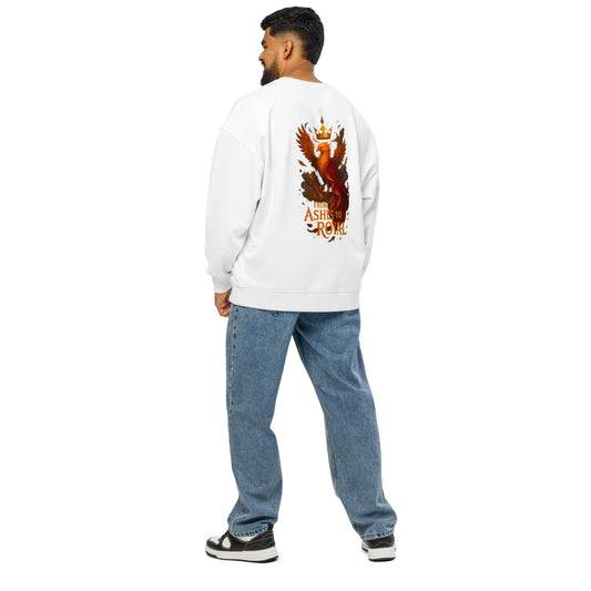 Back of white oversized sweatshirt featuring a crowned phoenix rising in flames with “Ashes to Royalty” text – bold streetwear design