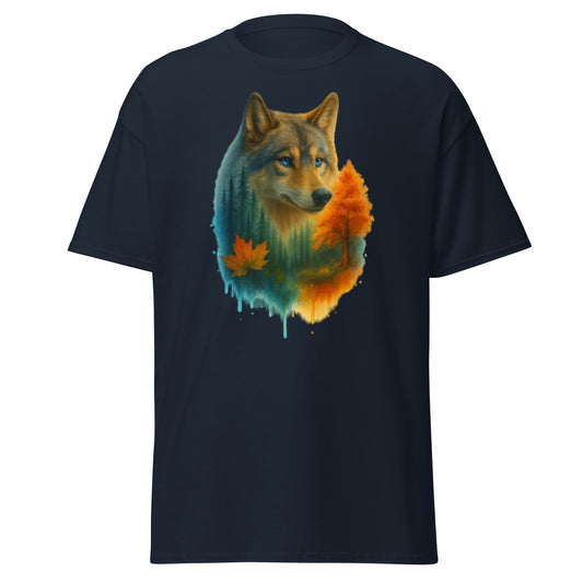 Unisex cotton t-shirt featuring a wolf surrounded by forest and autumn leaves, symbolizing leadership and seasonal strength