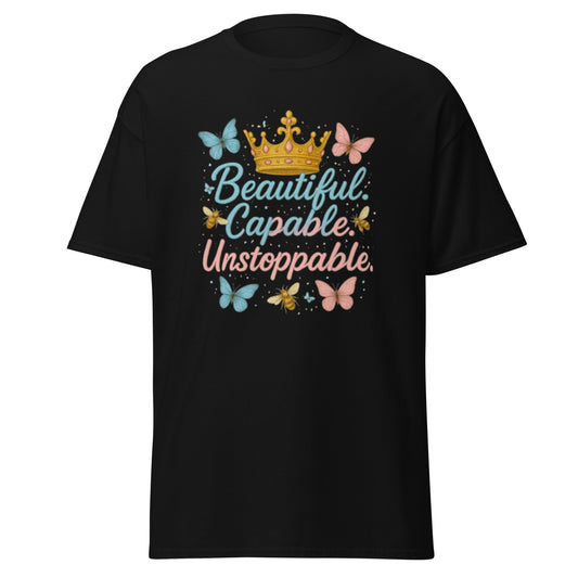 Black t-shirt with colorful butterflies and crown, featuring “Beautiful Capable Unstoppable” message for women