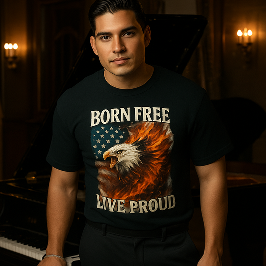 Man wearing a Christian patriotic t-shirt with “Born Free, Live Proud” text and eagle design – Proud American Tee