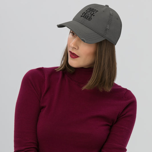 Grey distressed cotton cap with bold 3D puff embroidered 'Child of God' text on the front

