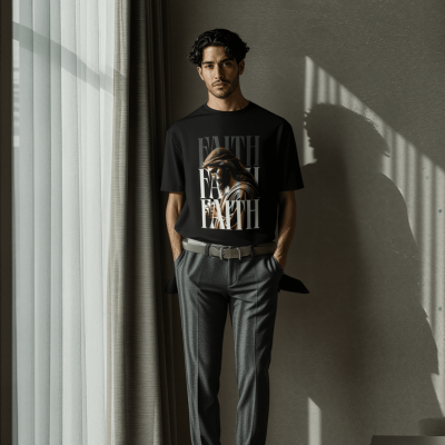 Men’s black Christian t-shirt with image of Jesus and bold FAITH graphic layered over design
