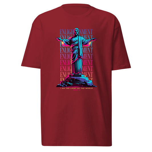 Men’s Christian t-shirt with colorful Christ the Redeemer illustration and “I Am the Light of the World” message