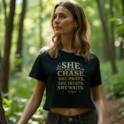Woman outdoors wearing a Christian crop top with the words “She Waits” showing faith and spiritual strength