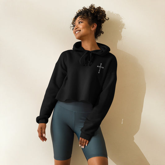 Woman wearing black cropped Christian hoodie with “Amazing Grace” embroidered on the front in a stylish faith-based streetwear look
