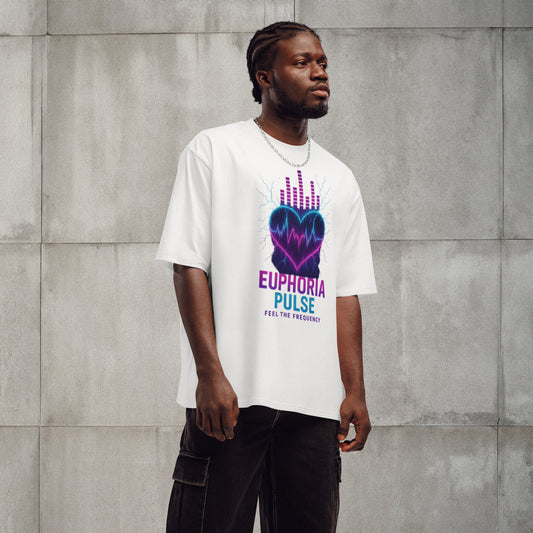 Man wearing white oversized t-shirt with neon heart and frequency design, styled for rave or music festival look