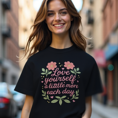 Woman wearing black relaxed-fit t-shirt with floral inspirational print LOVE YOURSELF A LITTLE MORE EACH DAY design
