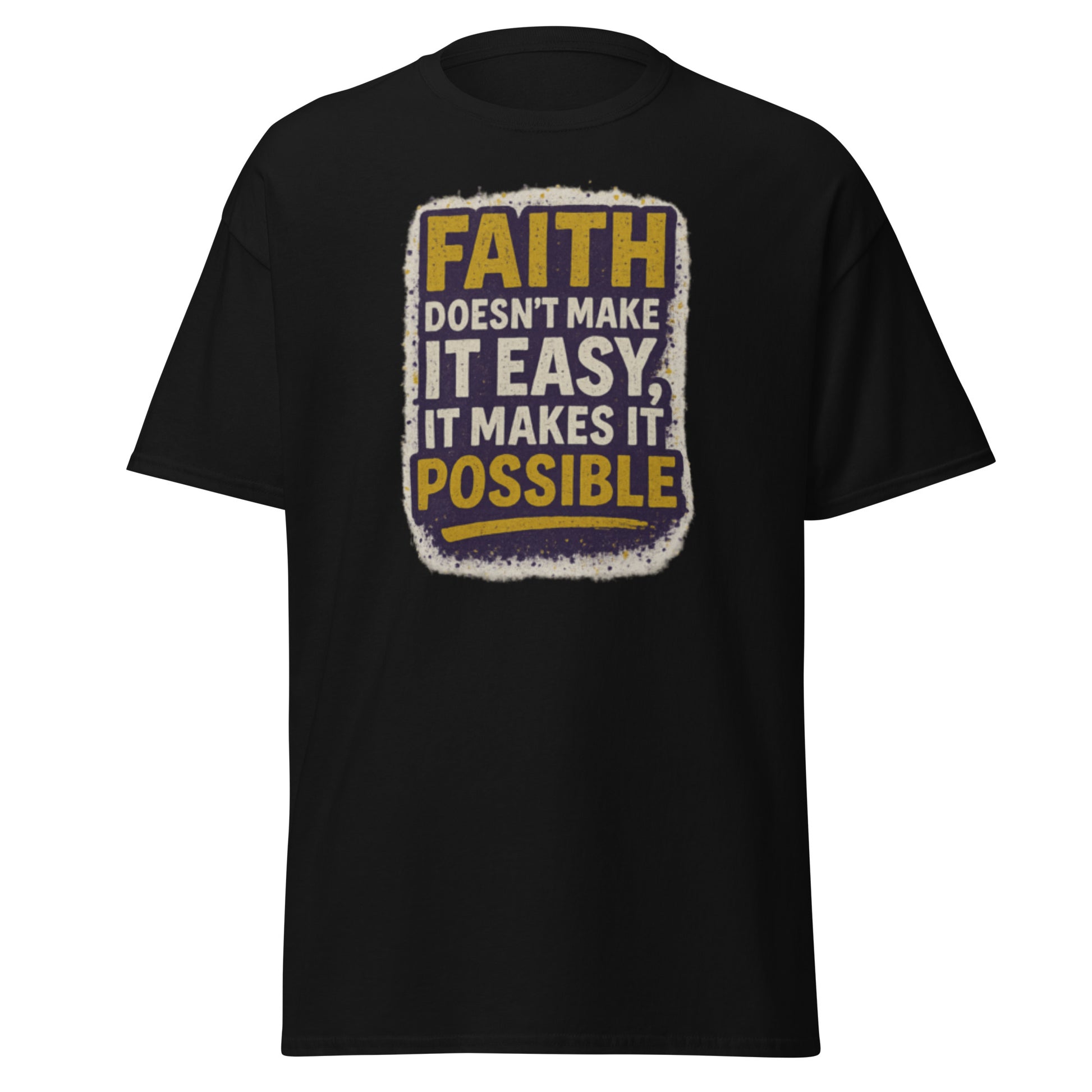 Black Christian men’s t-shirt with gold and white “Faith Makes It Possible” message
