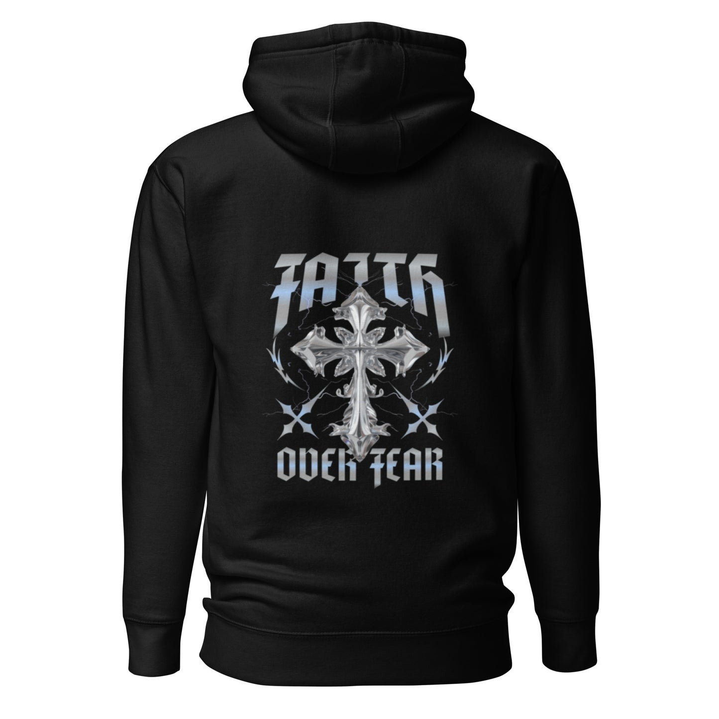 Black hoodie with large silver cross and powerful “Faith Over Fear” text on the back
