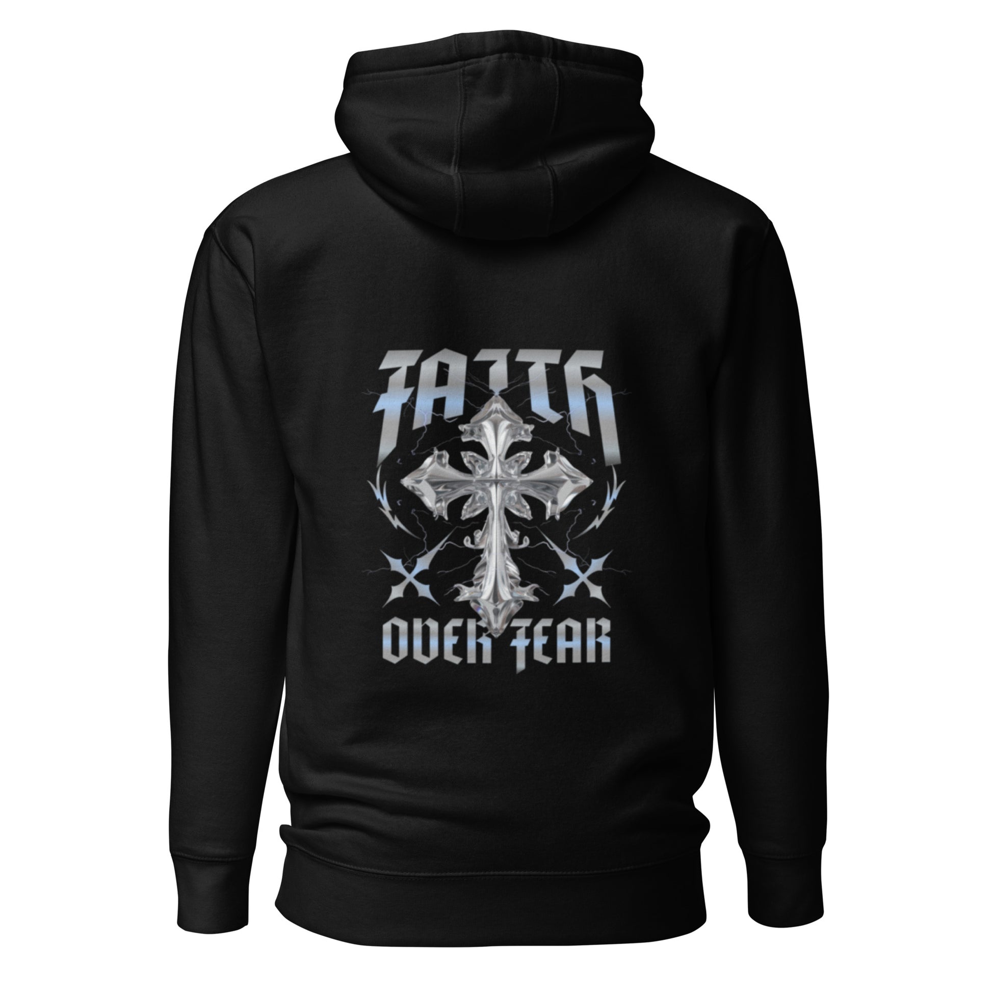 Black hoodie with large silver cross and powerful “Faith Over Fear” text on the back
