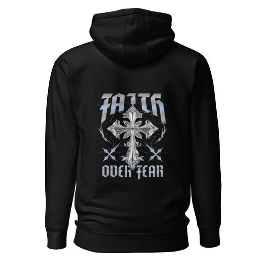 Black hoodie with large silver cross and powerful “Faith Over Fear” text on the back
