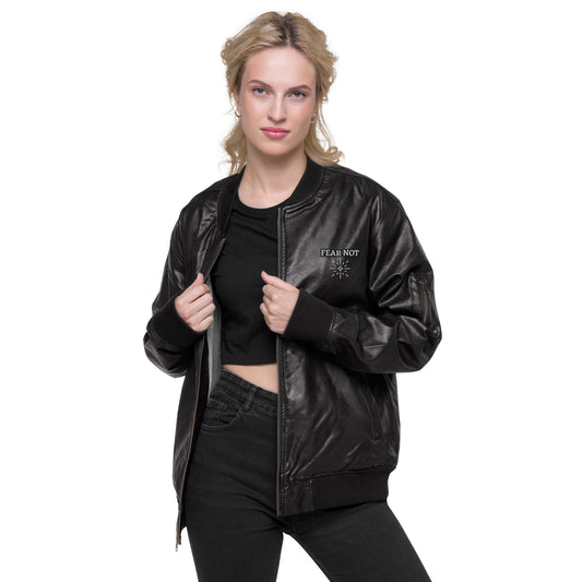 Model wearing black leather Christian bomber jacket with FEAR NOT and Psalm 118:6 embroidery
