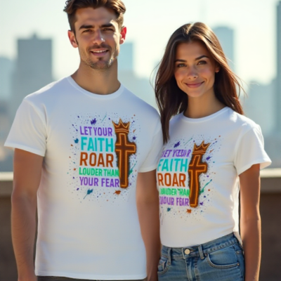 Man and woman wearing colorful faith-based t-shirts that say “Faith Roars Louder” with a crowned cross design
