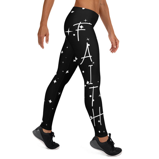 Black leggings with white stars and “FAITH” down the leg – Christian-inspired activewear for women