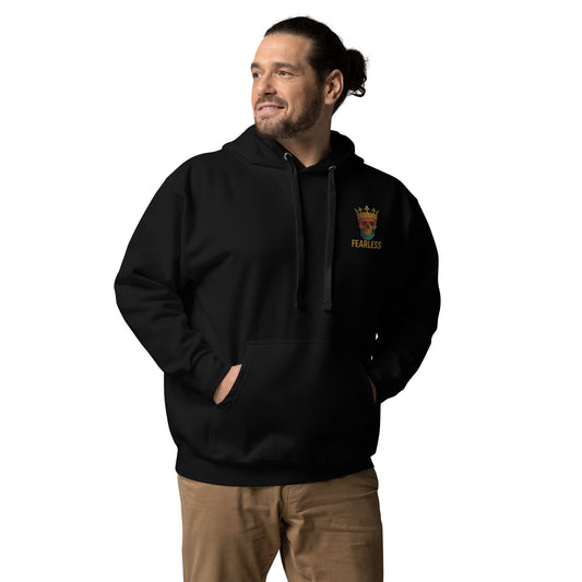 Man wearing Fearless Skull Crown Hoodie with embroidered crowned skull on chest – bold streetwear men’s fashion
