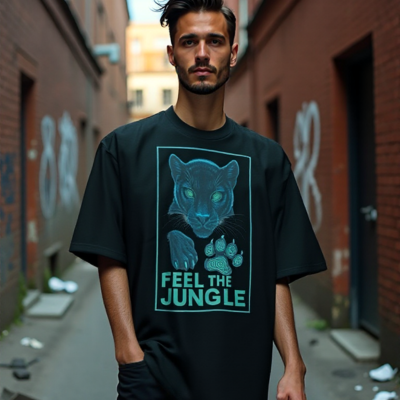 Man wearing an oversized black t-shirt with green panther design, styled for jungle streetwear fashion
