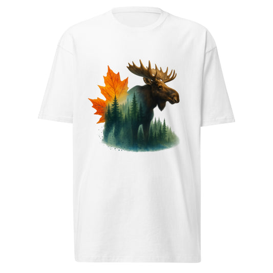 White heavyweight men’s t-shirt with graphic of a moose surrounded by orange leaves and evergreens, symbolizing strength and stillness