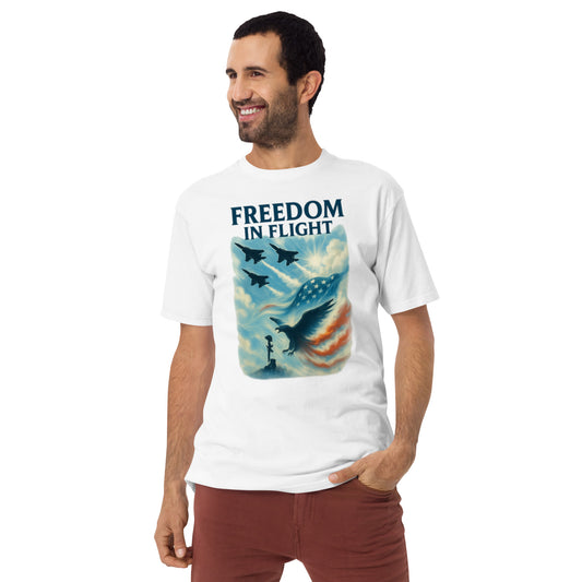 Man wearing a white t-shirt with a design of soaring jets, eagle, and American flag – Freedom in Flight patriotic shirt for men