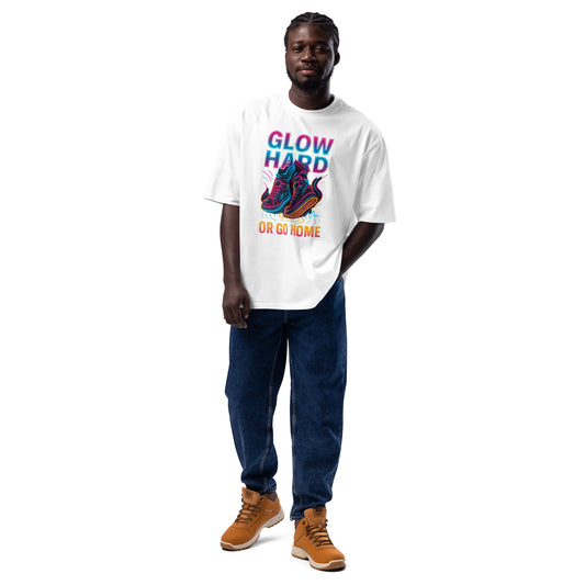 Man wearing a neon glow-themed oversized rave t-shirt styled for streetwear and music festivals