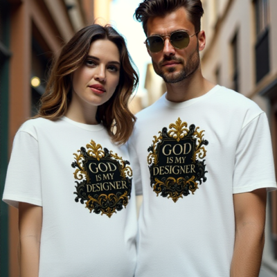 Man and woman wearing white t-shirts with black and gold scroll text reading “God Is My Designer” – unisex Christian spiritual apparel
