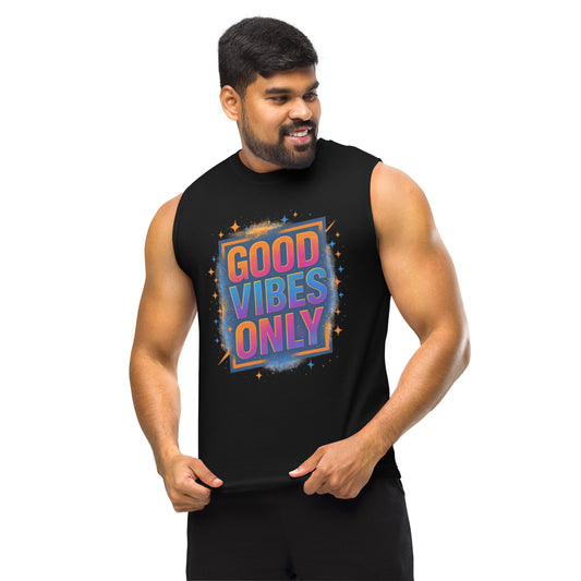 Man wearing black Good Vibes Only motivational sleeveless tank top with relaxed fit and low-cut armholes
