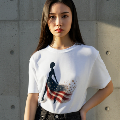 Woman wearing a relaxed white t-shirt with a flowing American flag dress design – patriotic women’s boxy tee