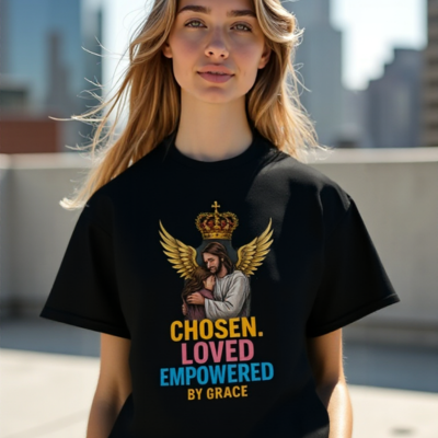 Black women's Christian tee with colorful “Chosen Loved Empowered” design featuring Jesus illustration
