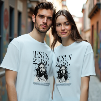 Front of white  Christian tees with Jesus Is King design and scripture art
