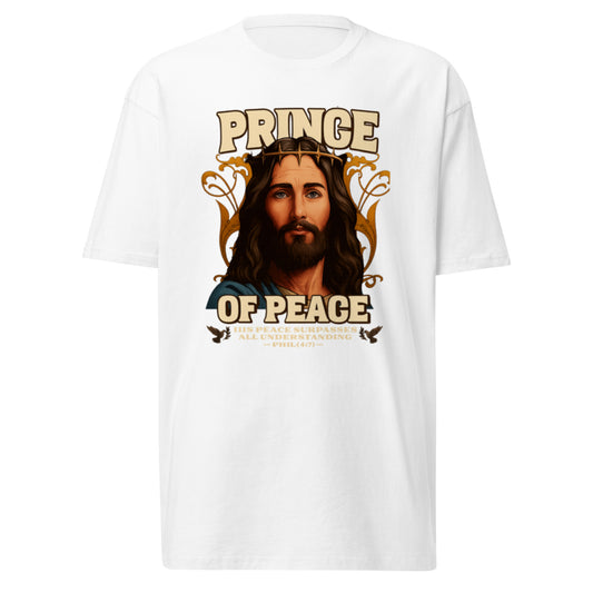 Men’s Christian t-shirt with bold Jesus illustration and “Prince of Peace” text
