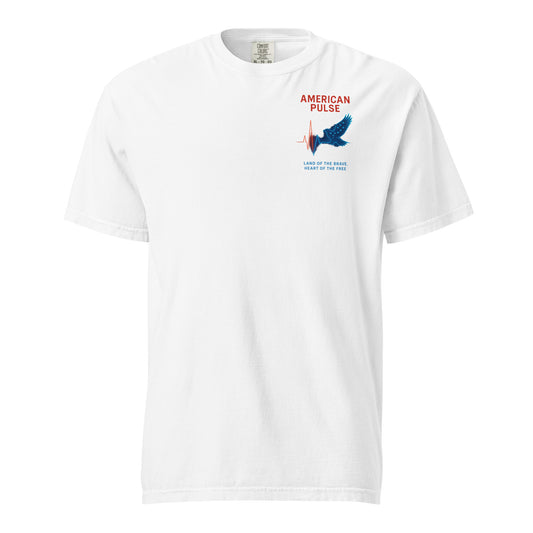 White t-shirt with “July 4th – Independence Day” and red, white, and blue ribbon graphics – patriotic men’s tee