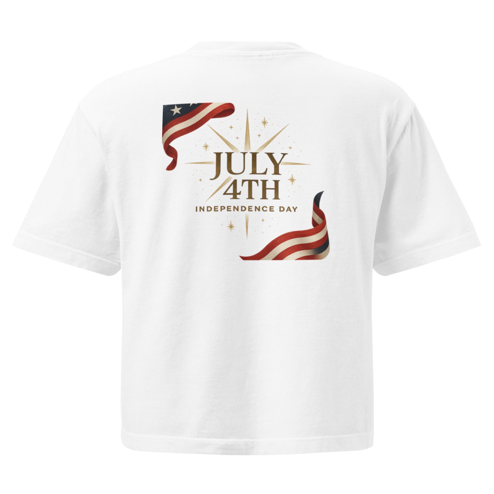 White -  women’s boxy t-shirt with “July 4th Independence Day” text and flowing American flag graphics