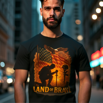 Man wearing a black t-shirt with a soldier kneeling in front of a cross, eagle in flight, and American flag in flames – Land of Brave patriotic tribute design