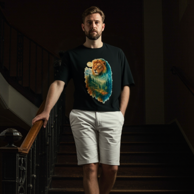 Black t-shirt with glowing moon, trees, and earth-toned botanical design representing spiritual leadership and inner calm