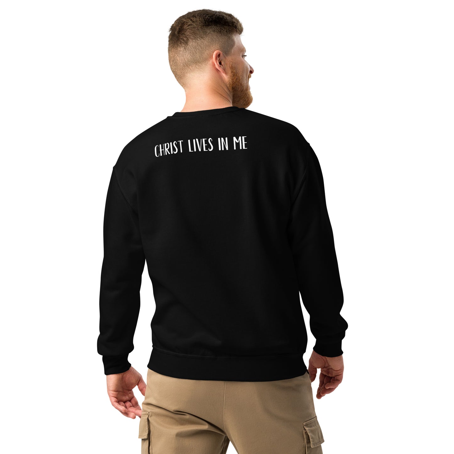 Black men’s Christian sweatshirt with “I Know Who I Am” on front and “Christ lives in me” on the back