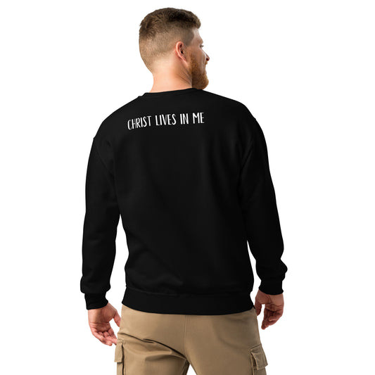 Black men’s Christian sweatshirt with “I Know Who I Am” on front and “Christ lives in me” on the back