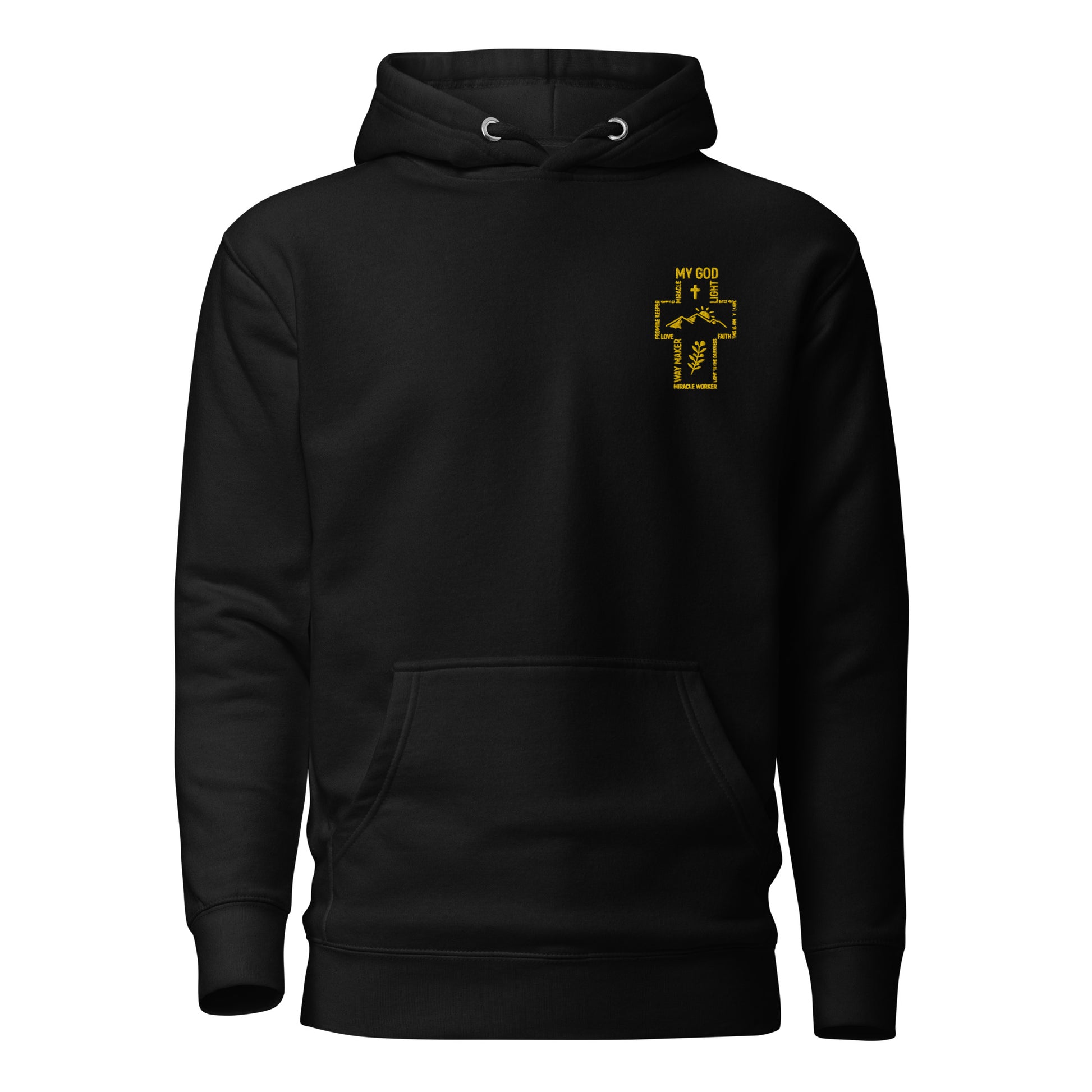 Black unisex Christian hoodie with small golden cross and "My God, My Strength" embroidered on the chest

